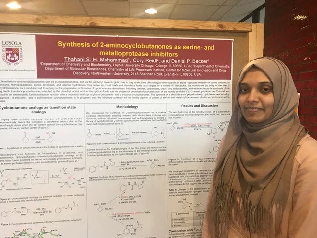 Thahani Shifna presenting her poster on the synthesis of 2-aminocyclobutanones as serine- and metalloprotease inhibitors at the 33rd annual Denkewalter Lecture on October 11, 2018