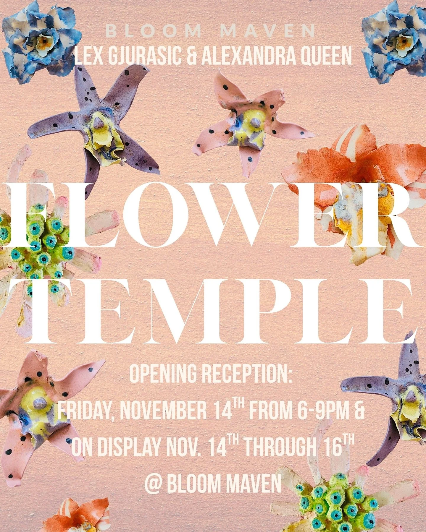 Please join us for FLOWER TEMPLE 🌸 November 14-16 at Bloom Maven.

Ephemeral art installation celebrating the sacred nature of botanicals created especially for Bloom Maven featuring the art of Lex Gjurasic and Alexandra Queen.

Flower Temple is a t