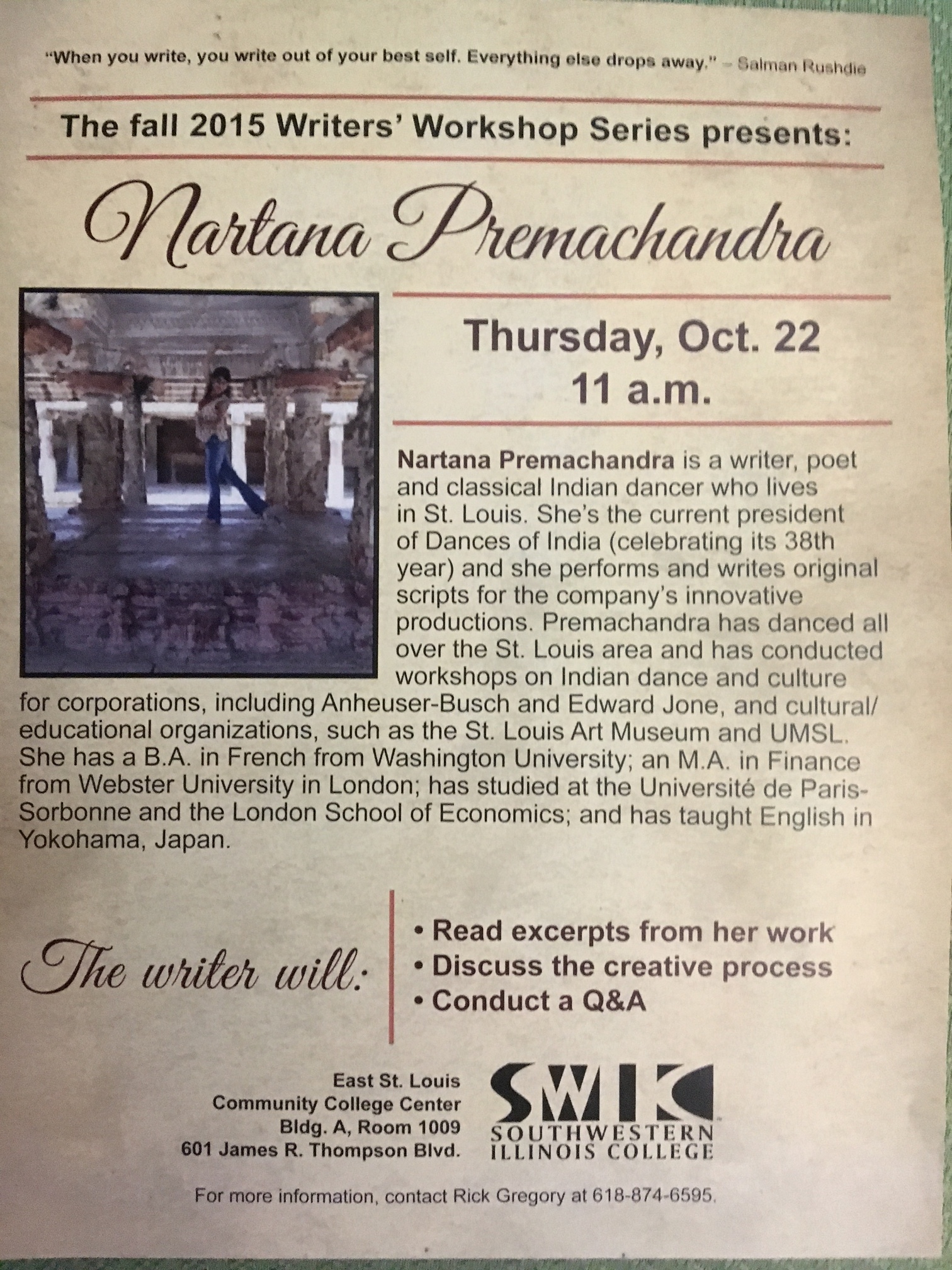 The promo flyer for my reading at Southwestern Illinois College in October 2015