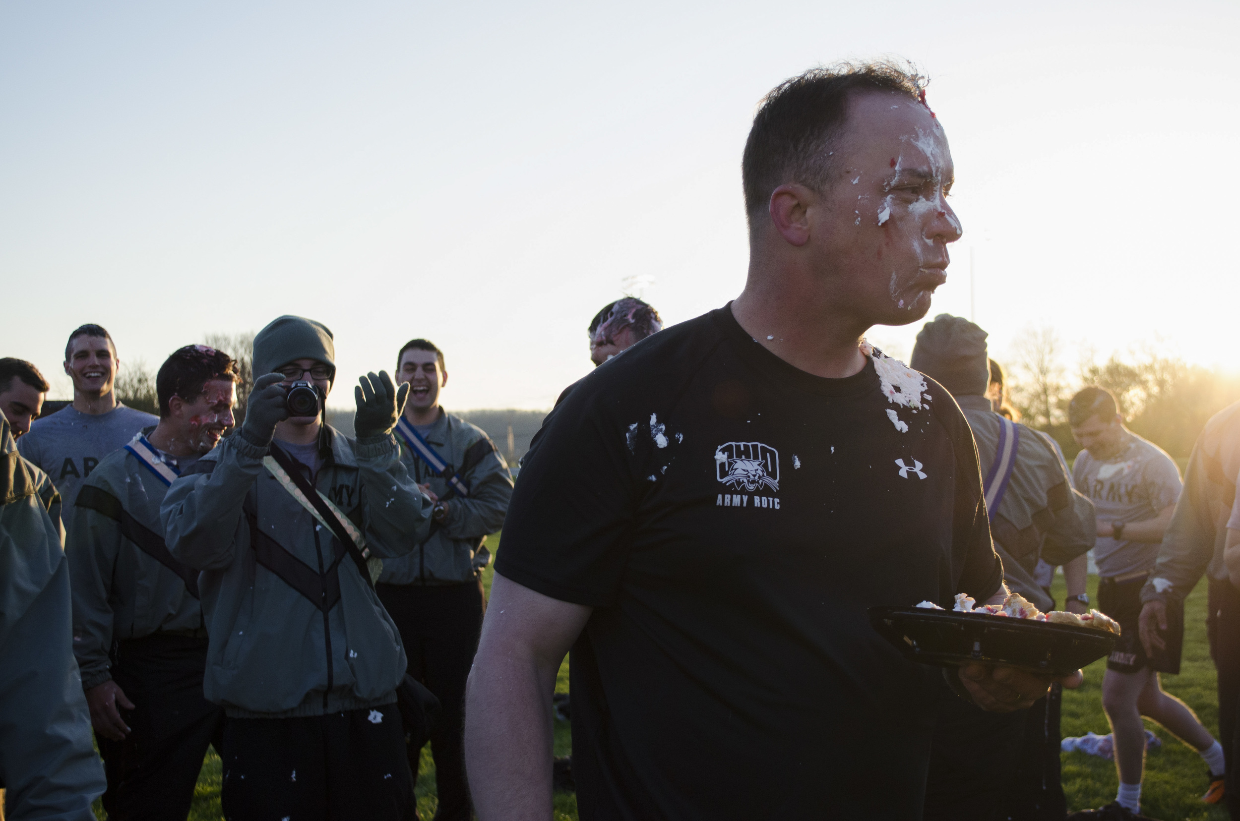 U.S. Army Master Sergeant Chad Touchet eats a bite from the cherry pie thrown in his face at the Ohio University Army ROTC "Pie-In-The-Face" fundraiser on Wednesday, April 23, 2014.