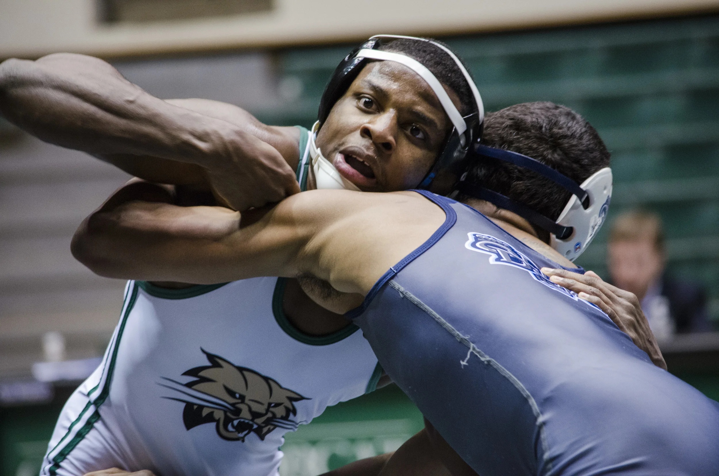 Ohio University's Tywan Claxton wrestles against Old Dominion University's Alexander Richardson on Sunday Feb. 9, 2014 in Ohio University's Convocation Center in Athens, Ohio. 