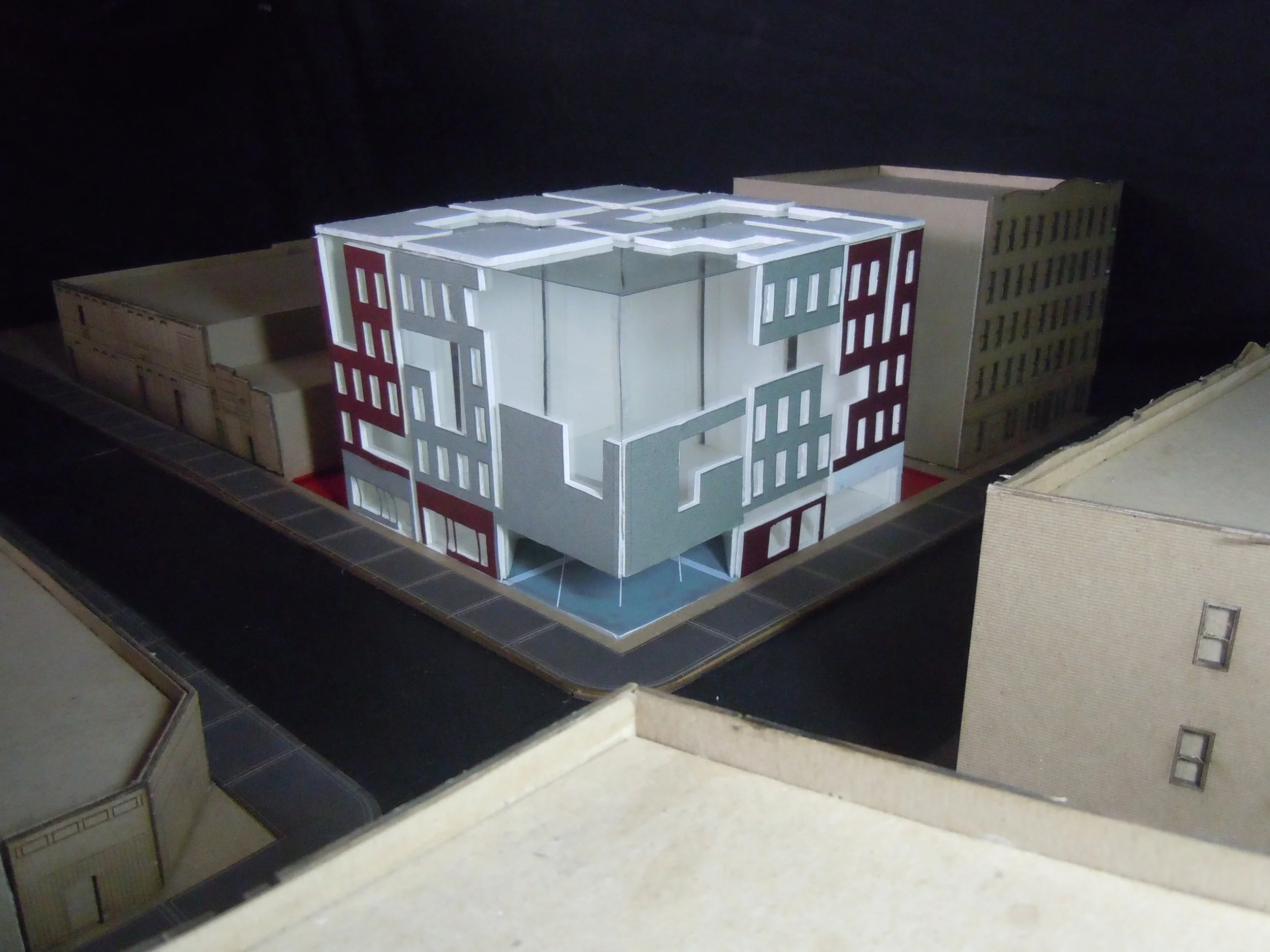 building model | physical model - foamcore, plexi & craftpaper on a playwood & chipboard base