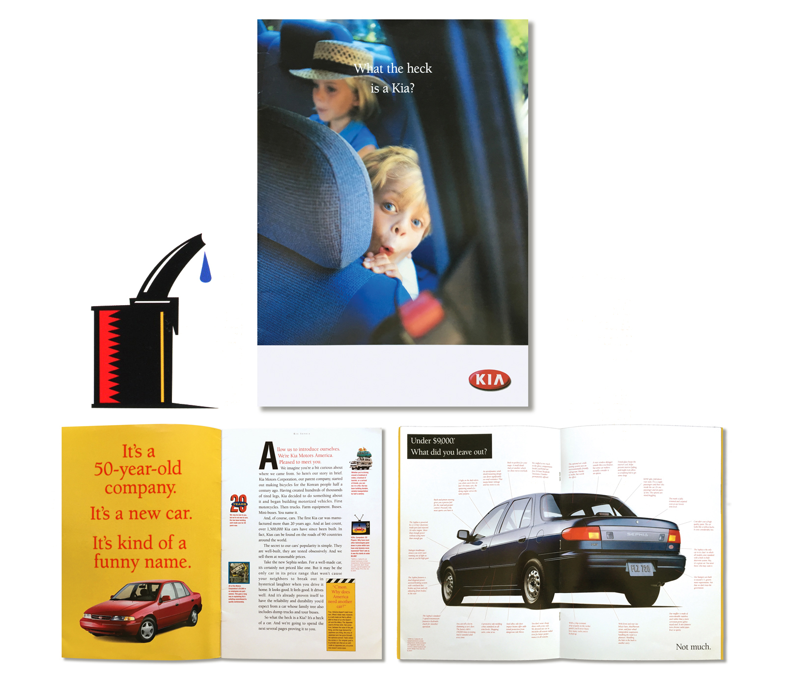 Beep, Beep. Brochure introducing Kia Motors to the U.S. consumer market. Positioned the Korean car manufacturer as a ‘people’s’ car for under $9,000. The copy was particularly conversational and self-effacing including the cover headline, “What the heck is a Kia.” In addition to the snarky copy, we populated the pages with bright graphics and mischievous kids. As it turns out, Kia did in fact, gain market acceptance and is a major player today proving that being nice is a marketable strategy.