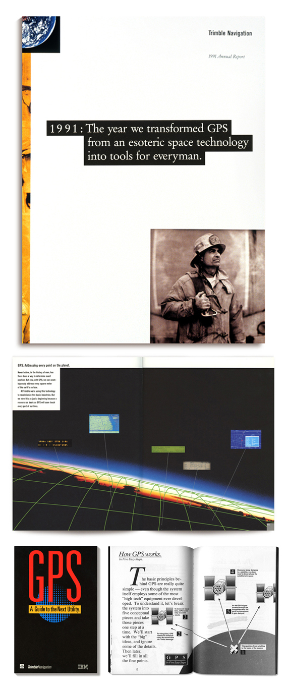 Positioned to succeed. In 1987, a little company called Trimble Navigation was pioneering a new technology called GPS (Global Positioning System). They initially made a device for wealthy yacht owners but in the following five years grew into the survey, aviation, military and consumer markets. We designed over 150 pieces of collateral and advertising including the company's first two annual reports in 1990/91. For six years we created a brand based on educating audiences on the potential of a technology that would redefine location accuracy. We wrote and published GPS-A Guide to the Next Utility —a book that would eventually become the layman's manual for this revolutionary technology. We coined the phrase 'GPS-the ninth utility’ in predicting its future in our daily lives. Today, GPS is indeed a part of our daily lives, at virtually no cost to the user.