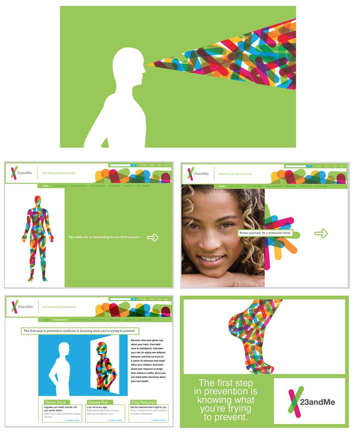 Nothing to spit at. Whereas 23andMe represents a new paradigm in personal health inquiry and knowledge, their communications (website and advertising) lacked an accessible tone and voice. We consulted with the company on the use of visuals and messaging—with particular emphasis on leveraging their visual identity.