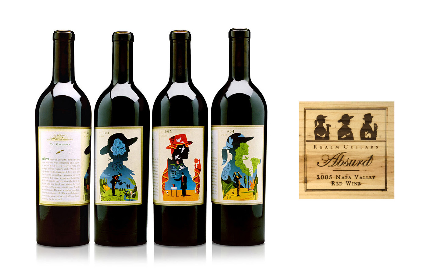 Realm Cellars. The Absurd Collection was a three-bottle suite of numbered labels that broke convention in an absurd fashion. Each bottle had a wrap-around label with a surreal illustration flanked by the stories of Alex the Gardener, Whitman the Magician, and Collette the Birdwatcher. Rich with clues and symbols, the illustrations left breadcrumbs that further tell the love story of these three—open for a wide range of interpretations.