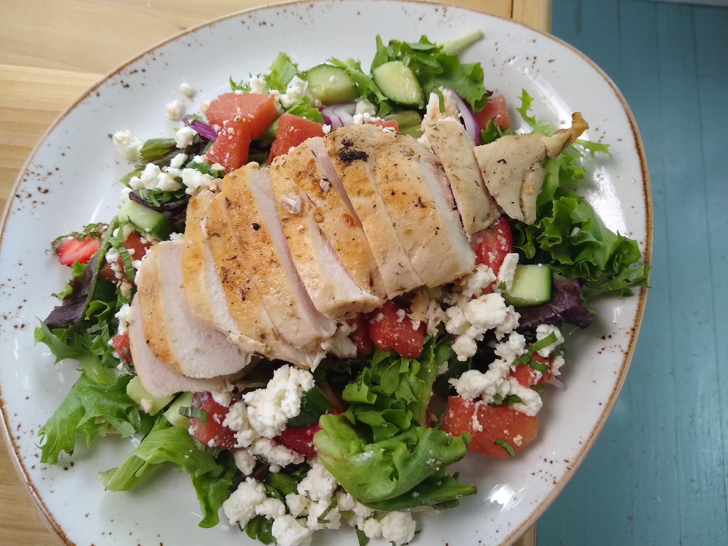 Grilled Chicken over Salad Greens with Marinated Watermelon, Cucumber, Red Onion and Feta Cheese.jpg