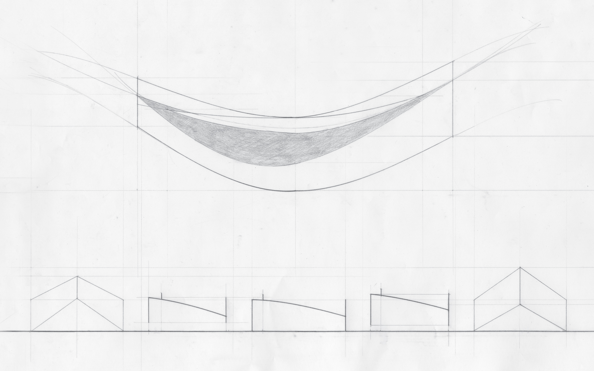 This purely analog drawing has a flattened section on the top, where the shaded area is the horizontal surface the marble moves on. The exploration here was the curves that make up the shape of the structure. The lower half is a series of elevations and sections that cut the structure perpendicularly. 