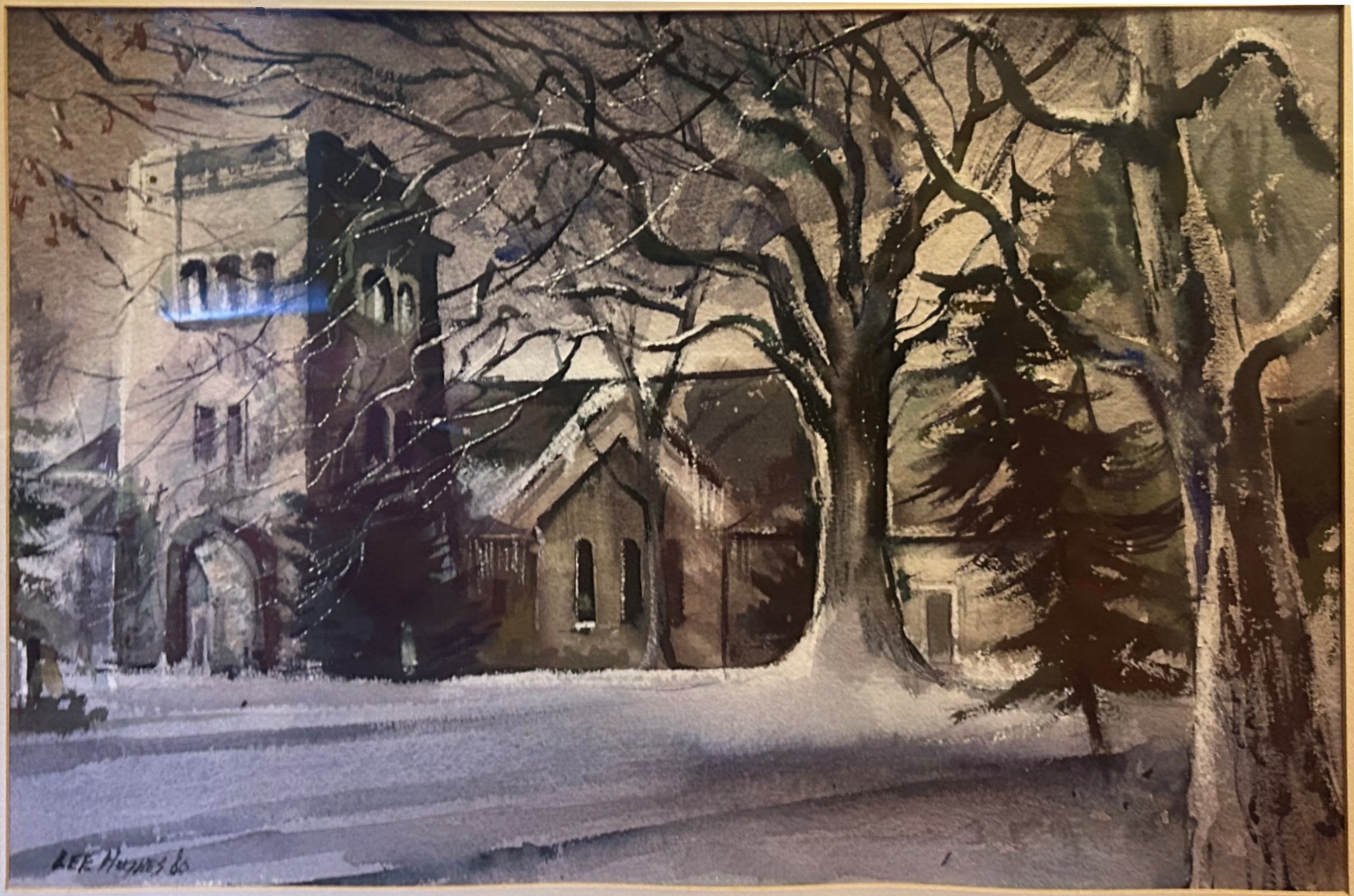 15.  Ogden Memorial Presbyterian Church in Winter  Artist:  Bee Hughes ‘66 Watercolor  Ogden Collection, NFS