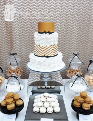 4 tier gold white black modern ruffles chevron wedding cake