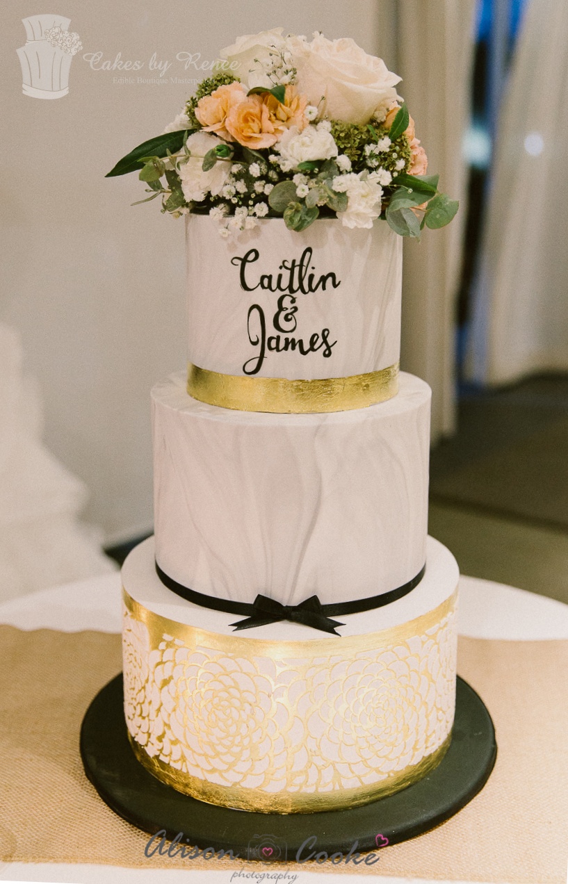 3 tier wedding cake marble gold leaf stencil flowers