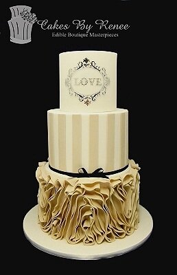 3 tier wedding cake coffee ruffles stripes romantic