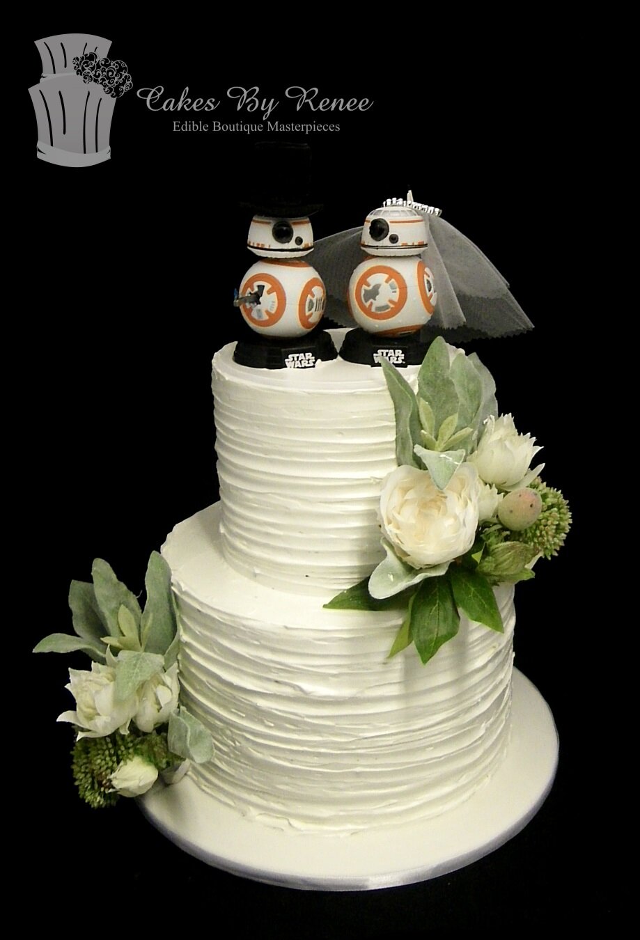 2 tier wedding cake white textured finish star wars toppers BB8