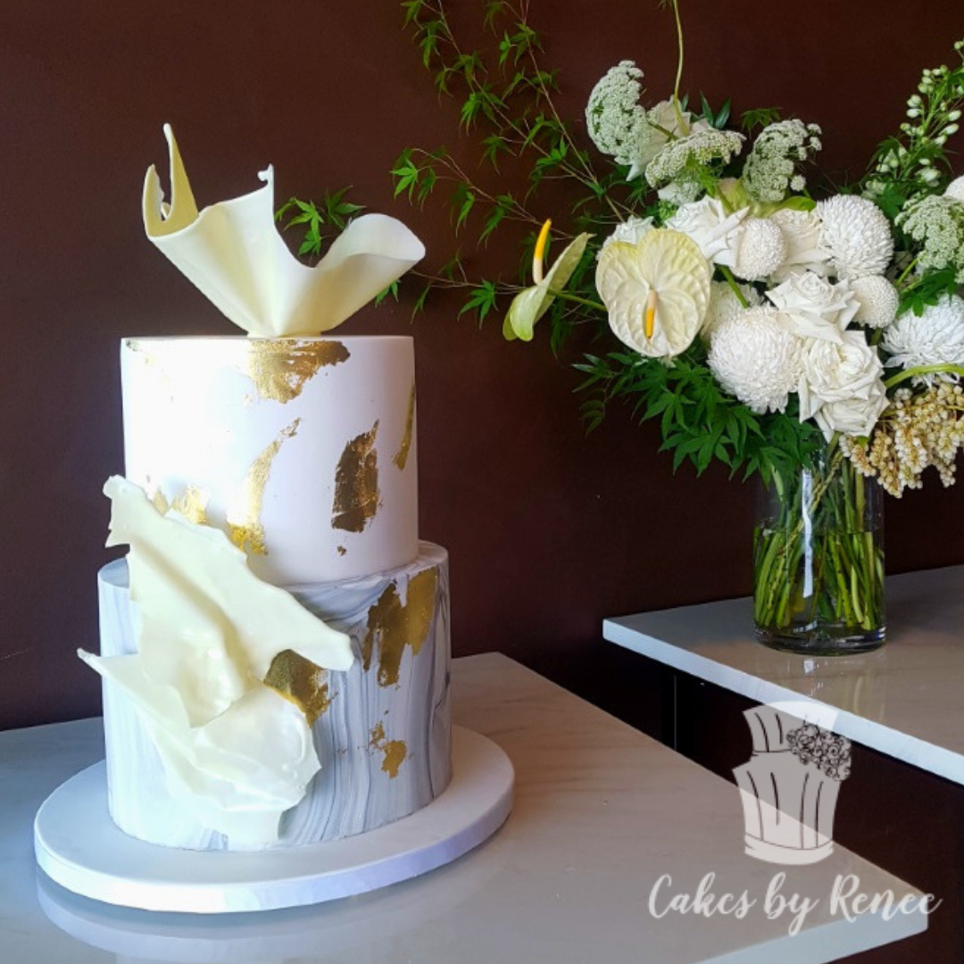 2 tier wedding cake modern gold leaf chocolate sail concrete marble