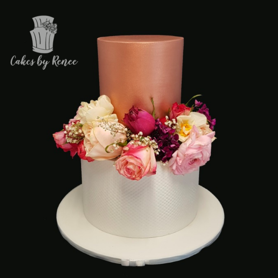 2 tier wedding cake copper rose gold floral band