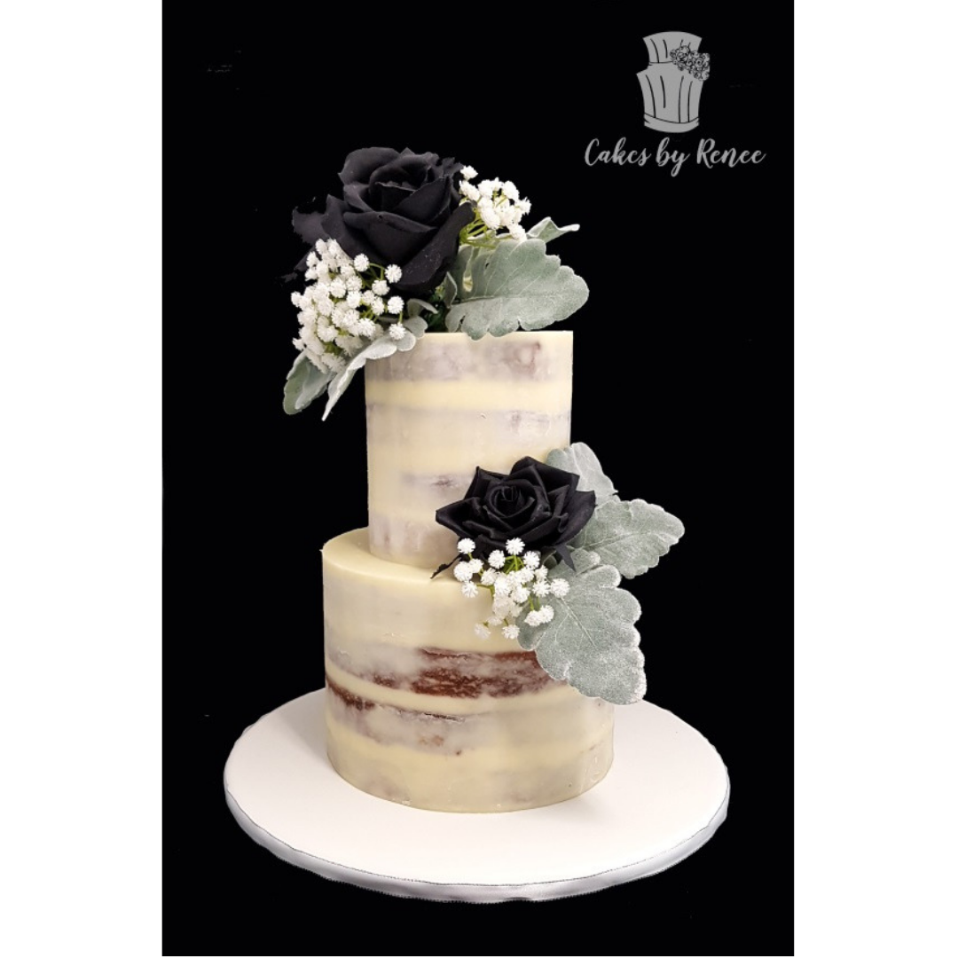 2 tier semi naked wedding cake black flowers