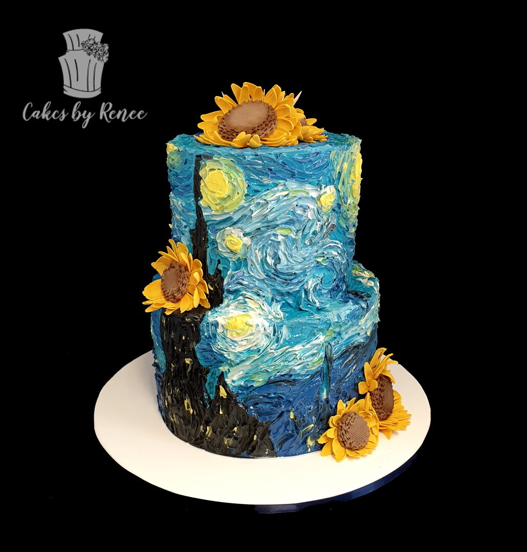 2 tier art wedding cake starry night sunflowers hand painted cake