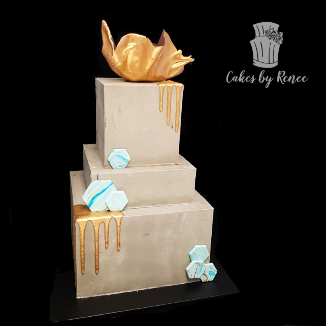 3 tier square wedding engagement cake concrete gold sail drip