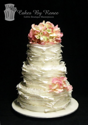 3 tier white wedding cake fondant ruffles pink flowers