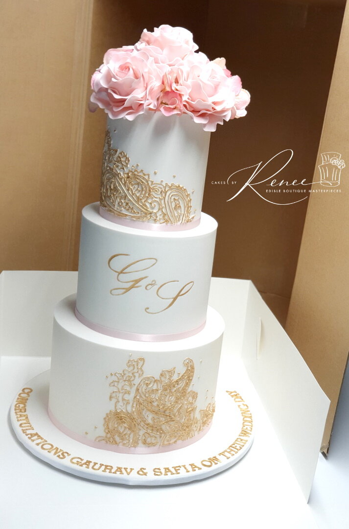 3 tier indian wedding cake gold henna pink flowers monogram