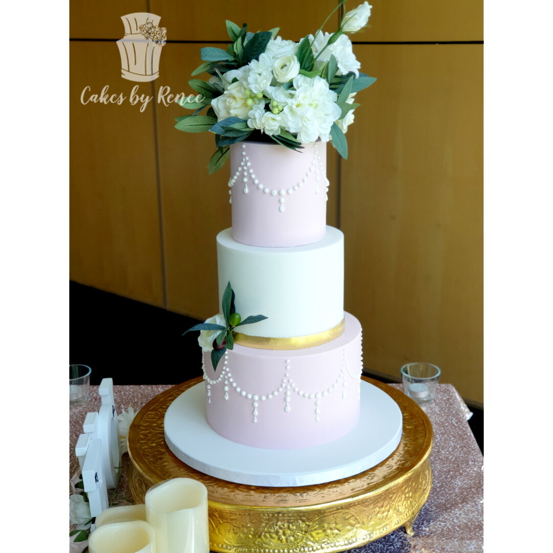 3 tier pink gold wedding cake fresh flower topper