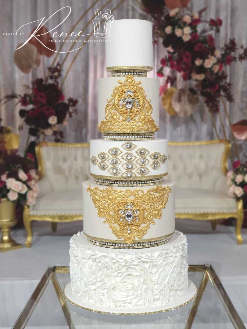5 tier indian wedding cake gold fondant frills ruffles intricate