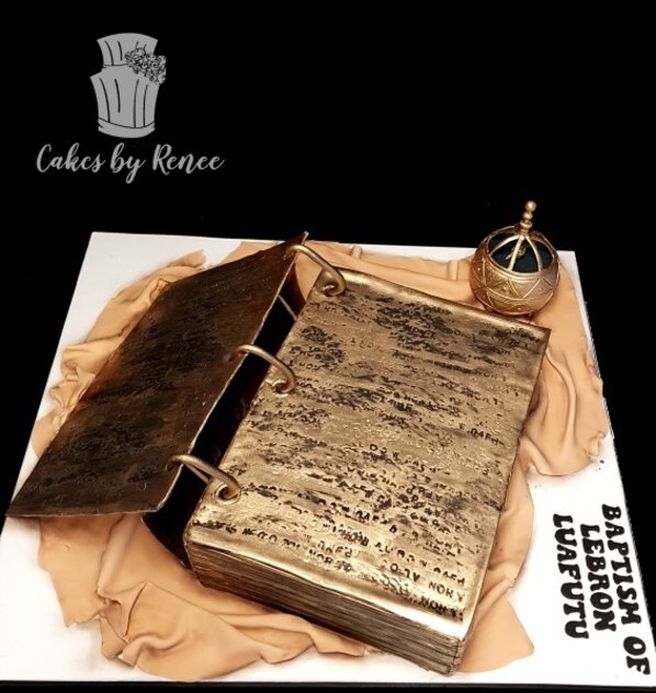 3D gold baptism religion brass book liahona cake