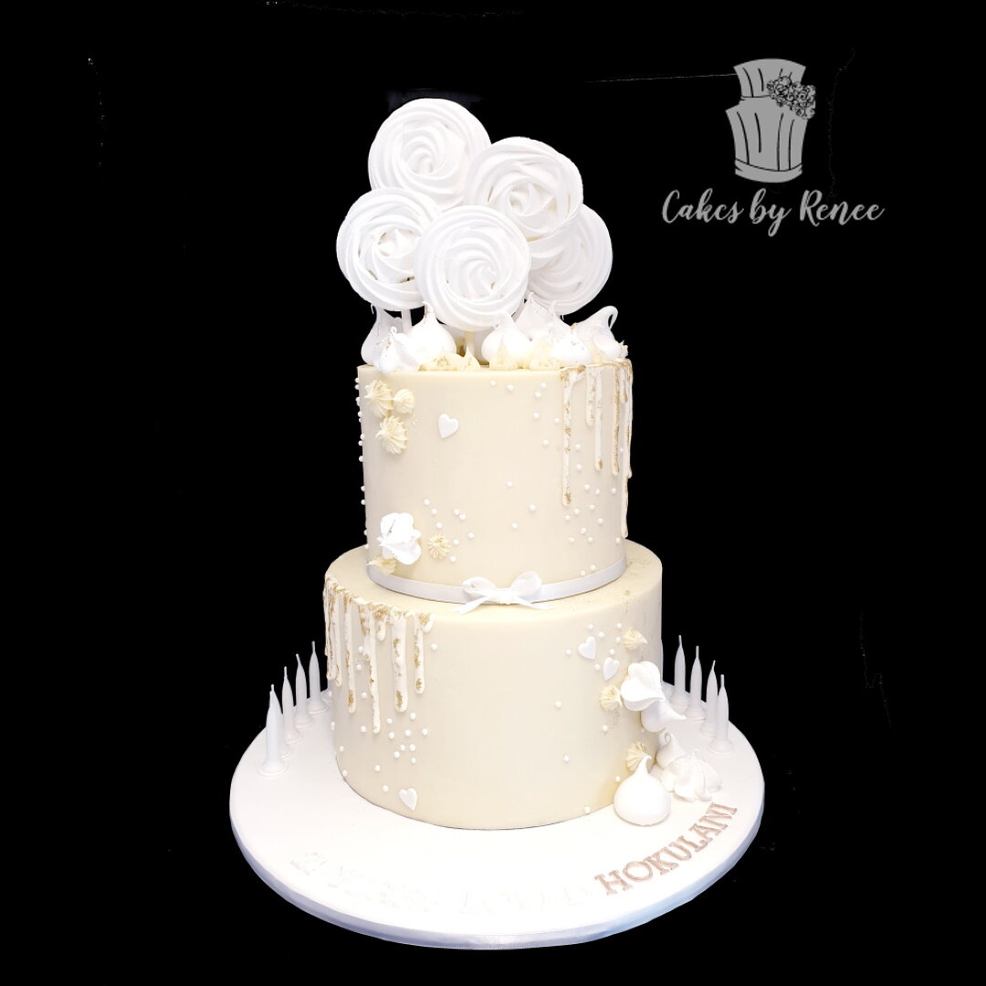2 tier all white birthday cake meringue pops pretty