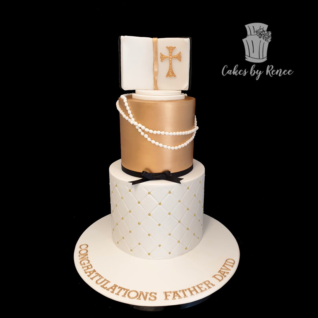 2 Tier Baptism Catholic Christian Christening Religious Cake gold white black 