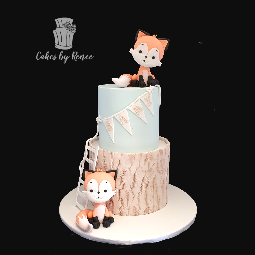 2 tier woodland fox pale blue cute fox topper birthday cake