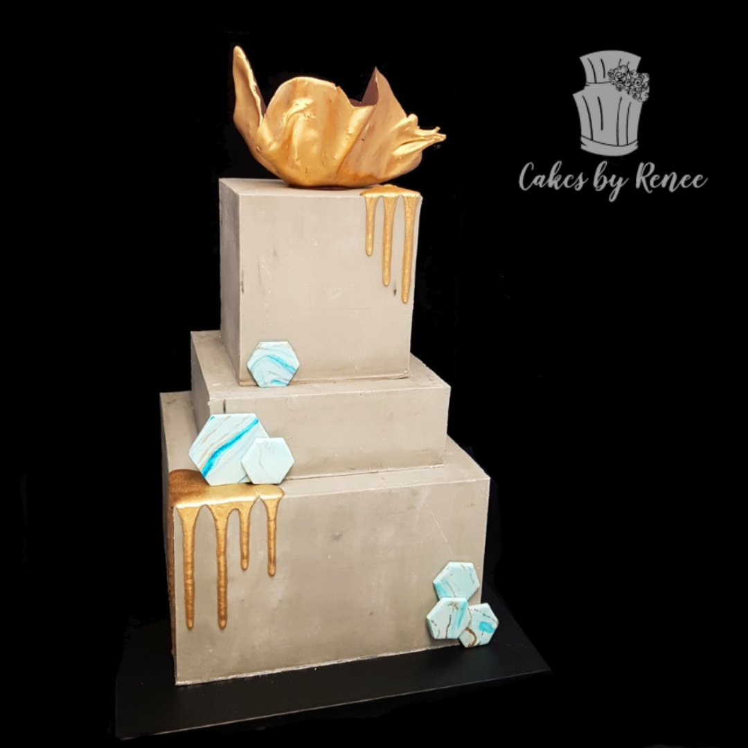 3 tier concrete look square gold drip birthday cake