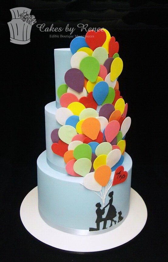 3 tier sky blue engagement proposal cake lots of balloons