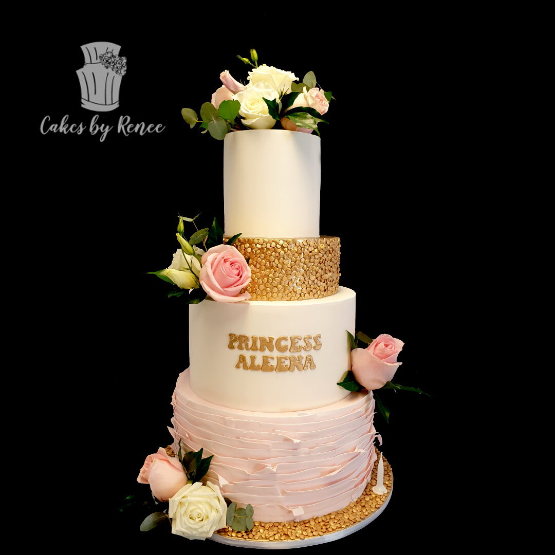 4 tier birthday cake pink gold flowers sequins