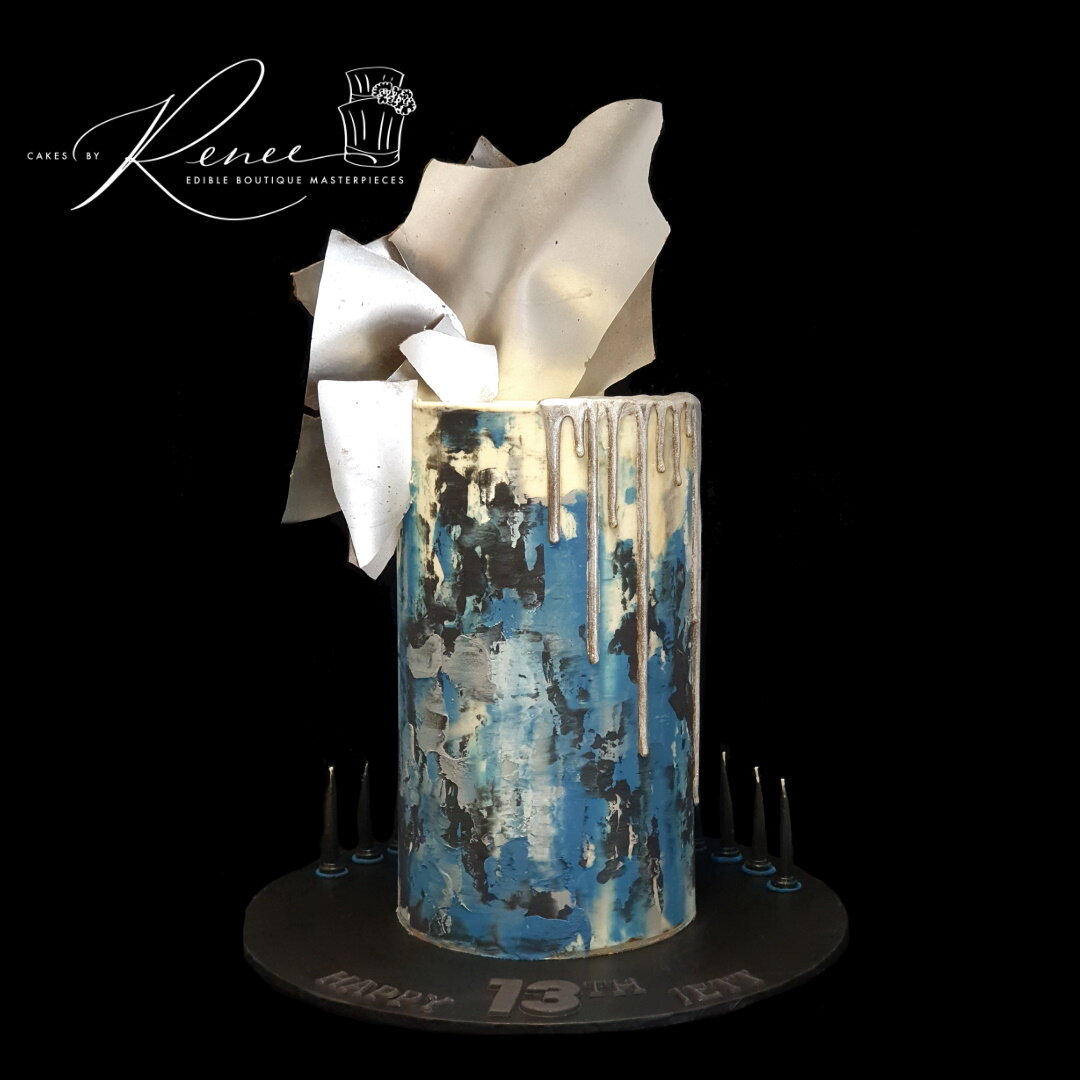 mens silver metallic chocolate sail blue black modern birthday cake tall tiers