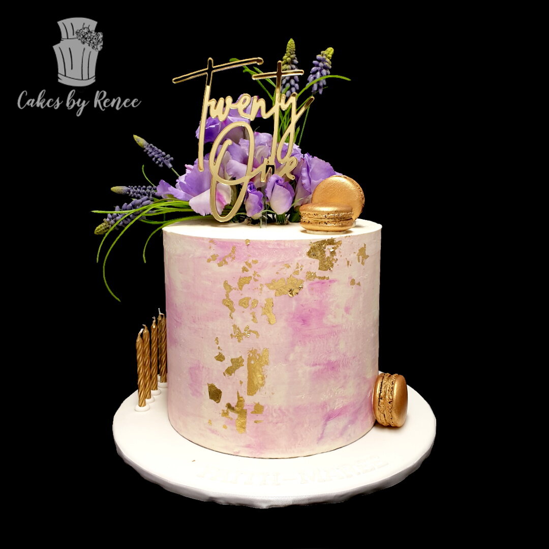 watercolour pink purple gold twenty first pretty birthday cake