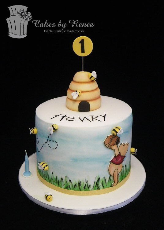 Winnie The Pooh Bear honey hand painted cake first birthday cake