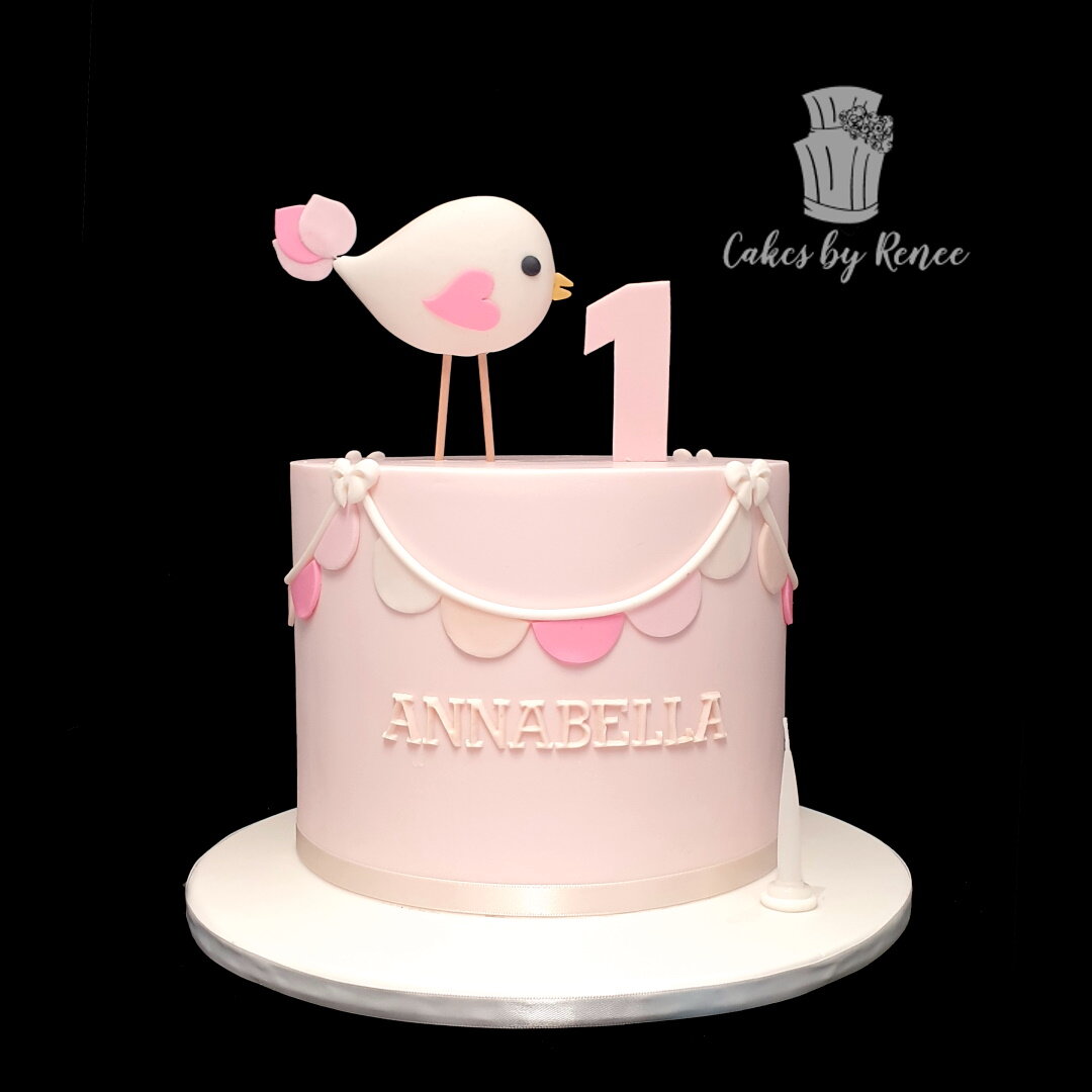 little bird first birthday pink birthday cake