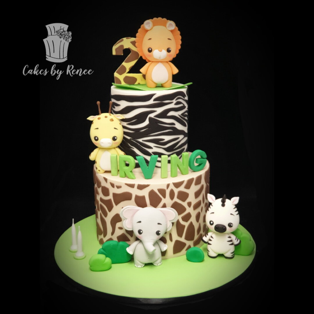 2 tier Jungle Animal birthday cake Lion Giraffe Elephant Zebra animal print