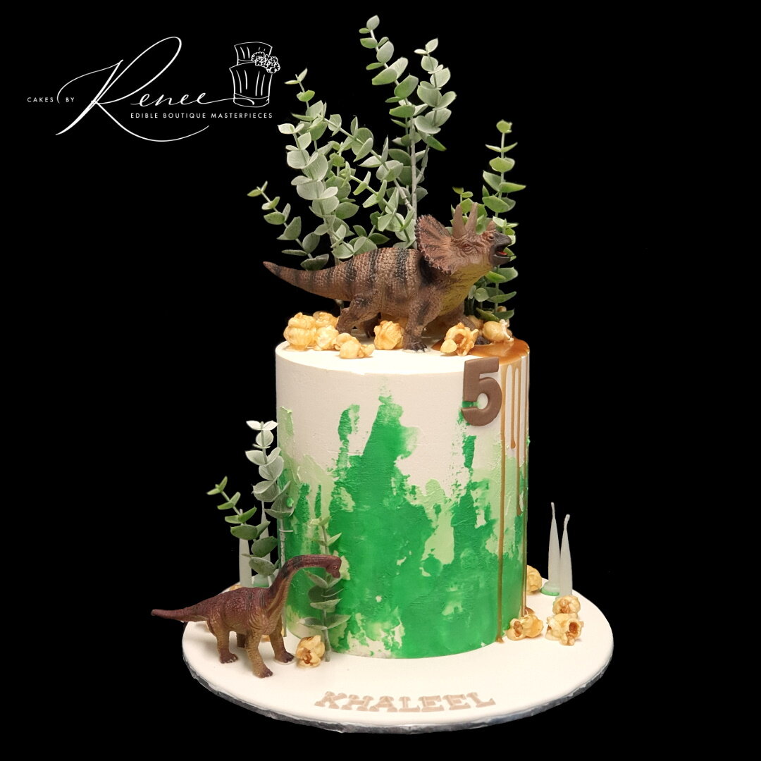 Dinosaur watercolour green birthday cake