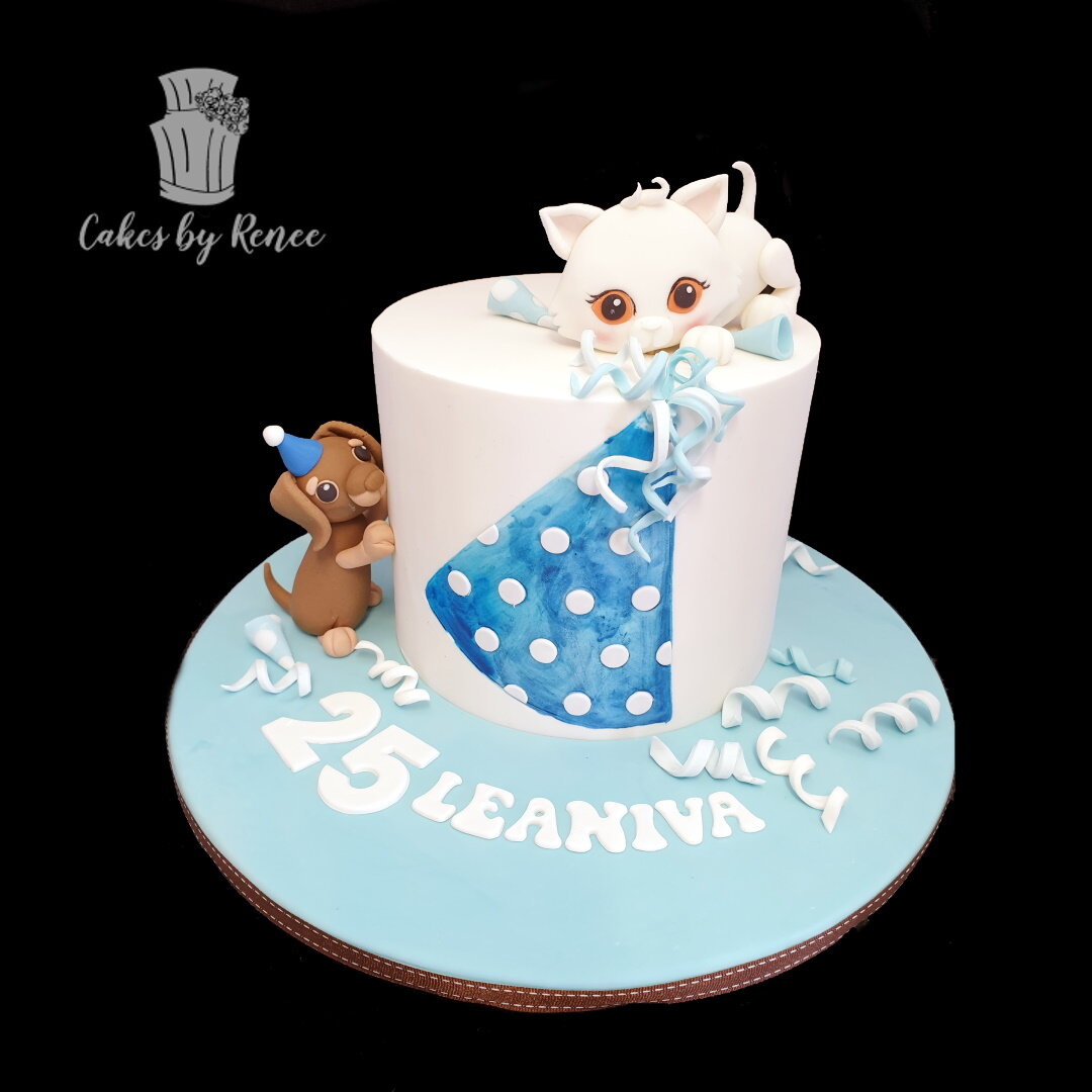 Kitten and puppies birthday hat birthday cake