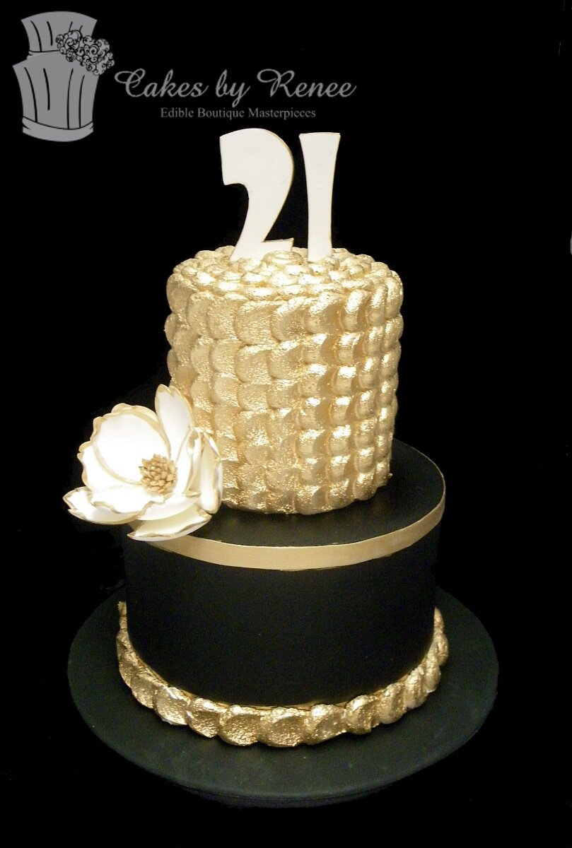 2 tier black and gold 21st birthday cake