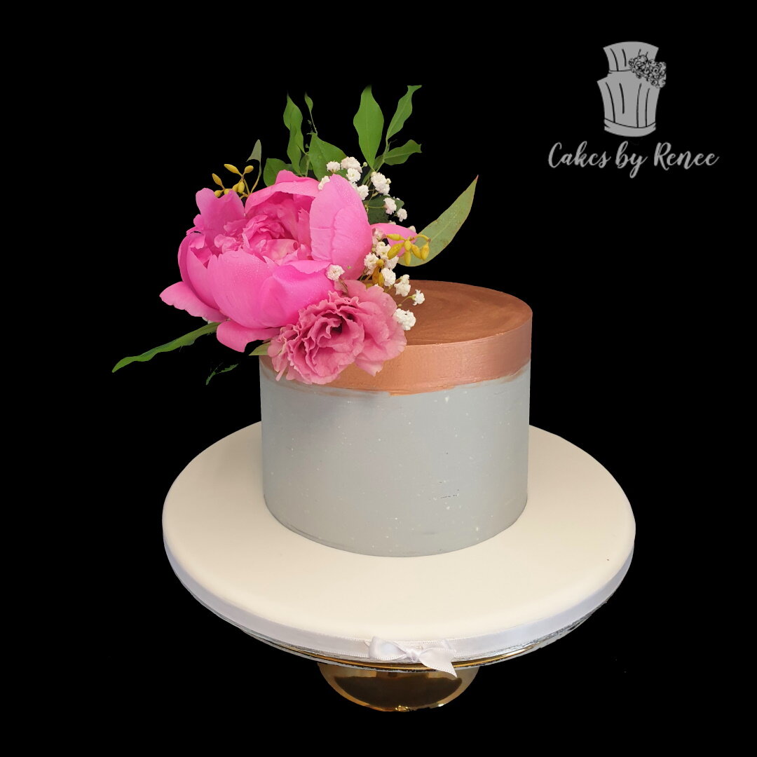 Concrete look rose gold copper peony pink birthday cake