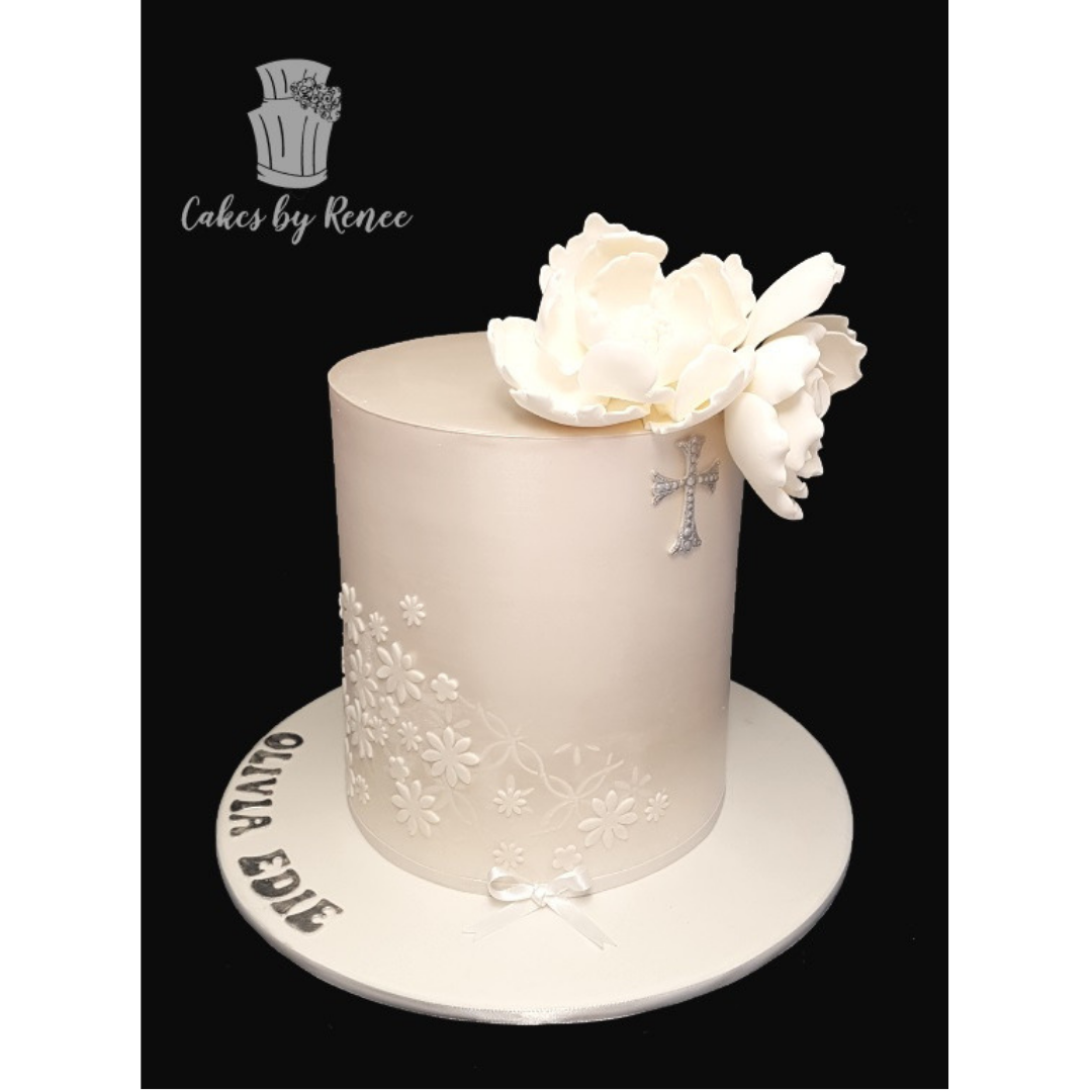 Baptism Christening tall shimmer finish cake