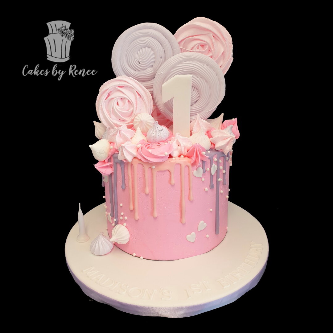 pink purple drip cake meringue pops 1st birthday cake