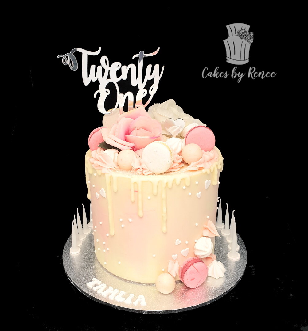 pink whitewater colour drip cake custom topper