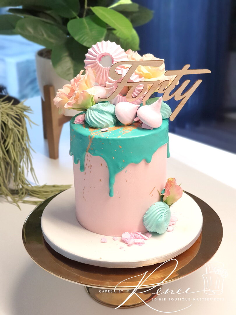 pink aqua blue drip cake custom topper sultan meringues