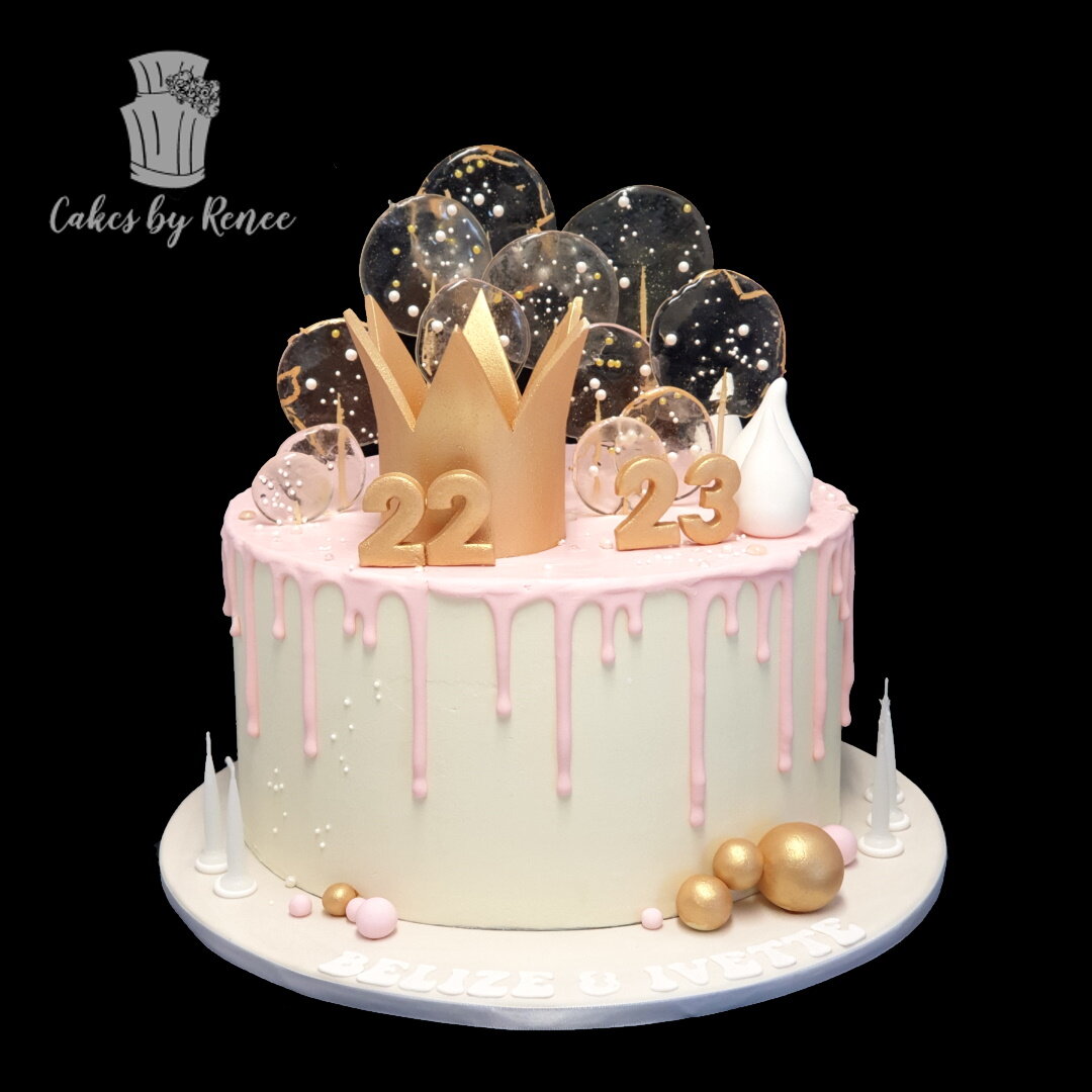 pink white drip birthday cake gold crown princess lollipops pretty