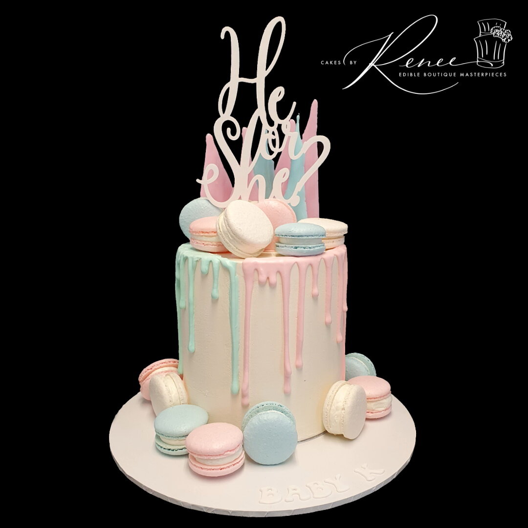 baby shower reveal drip cake pale pink pale blue macs