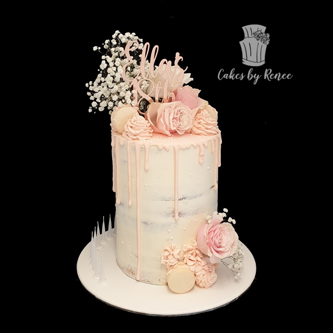 tall birthday cake semi naked pale pink drip cake custom topper