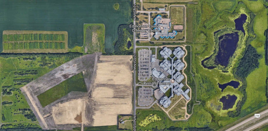 Image: Aerial View of Edmonton Remand Centre – Canada’s largest prison at an equivalent of 10 CFL-sized football fields ( Google Maps )